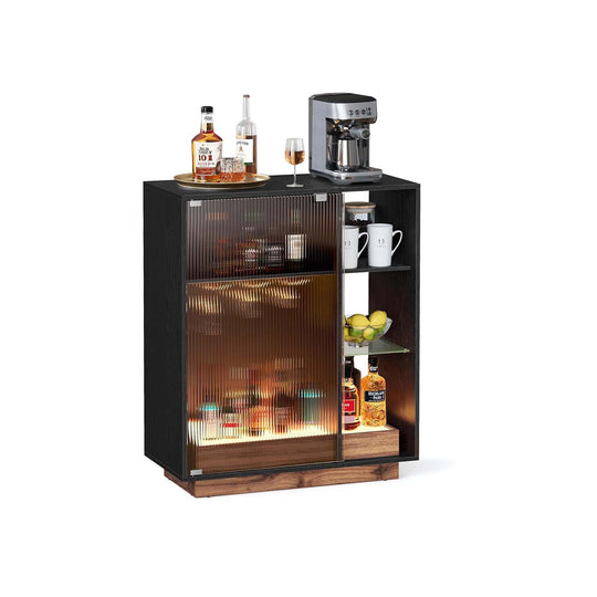 Meuble bar à vin avec éclairage et porte-verre noir boisé