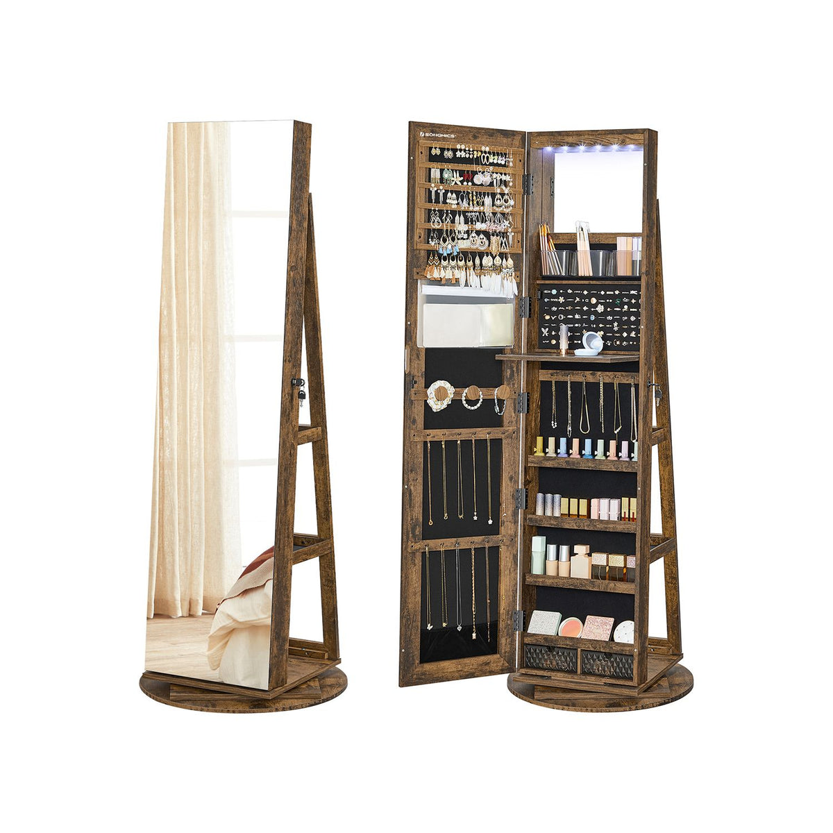Armoire à bijoux avec miroir sur pieds marron rustique et noir