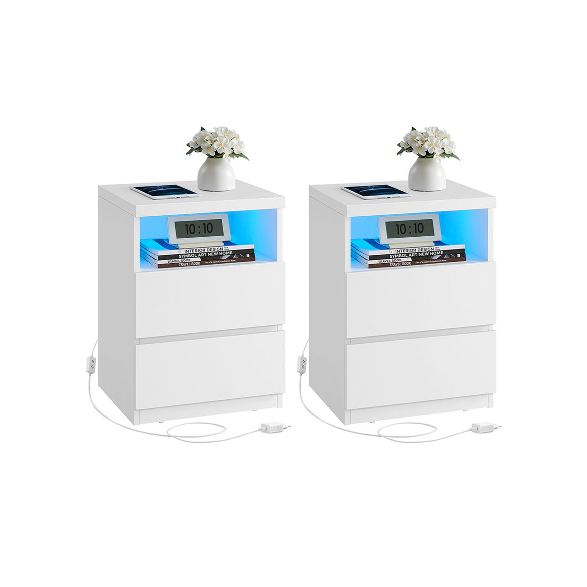 Table de chevet lot de 2 avec éclairage LED réglable blanc nuage